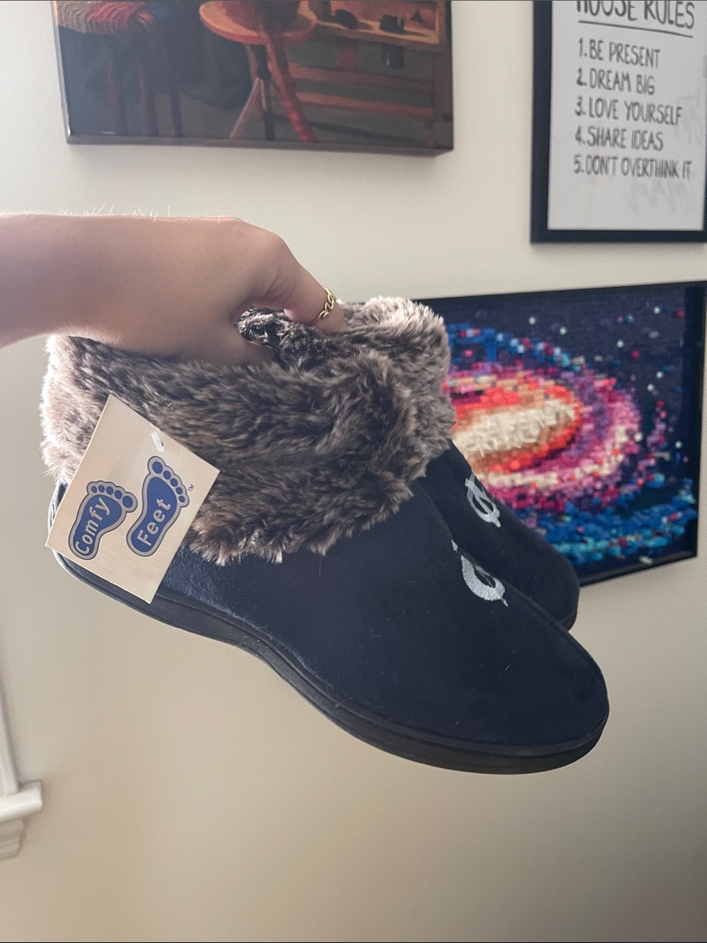 Women's Faux-Fur Lined Slip-On Slippers - Navy